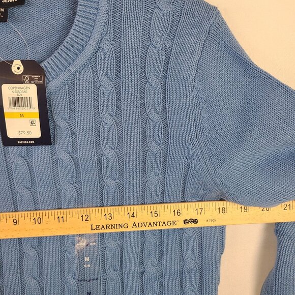 NWT Nautica Jeans Cable Knit Sweater In Slate Blue w/ Contrast Stripe Trim Sz M - Picture 6 of 8